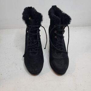 LK Bennett Suede Leather Lace Up Faux Fur Ankle Wedge Boots Black Size 8